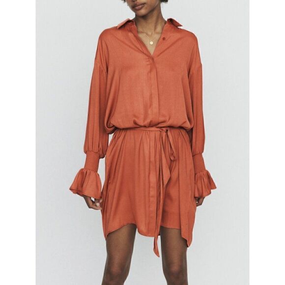 Maje Shirt dress with smocks in Terracotta with lace Size L NWT - Picture 1 of 15